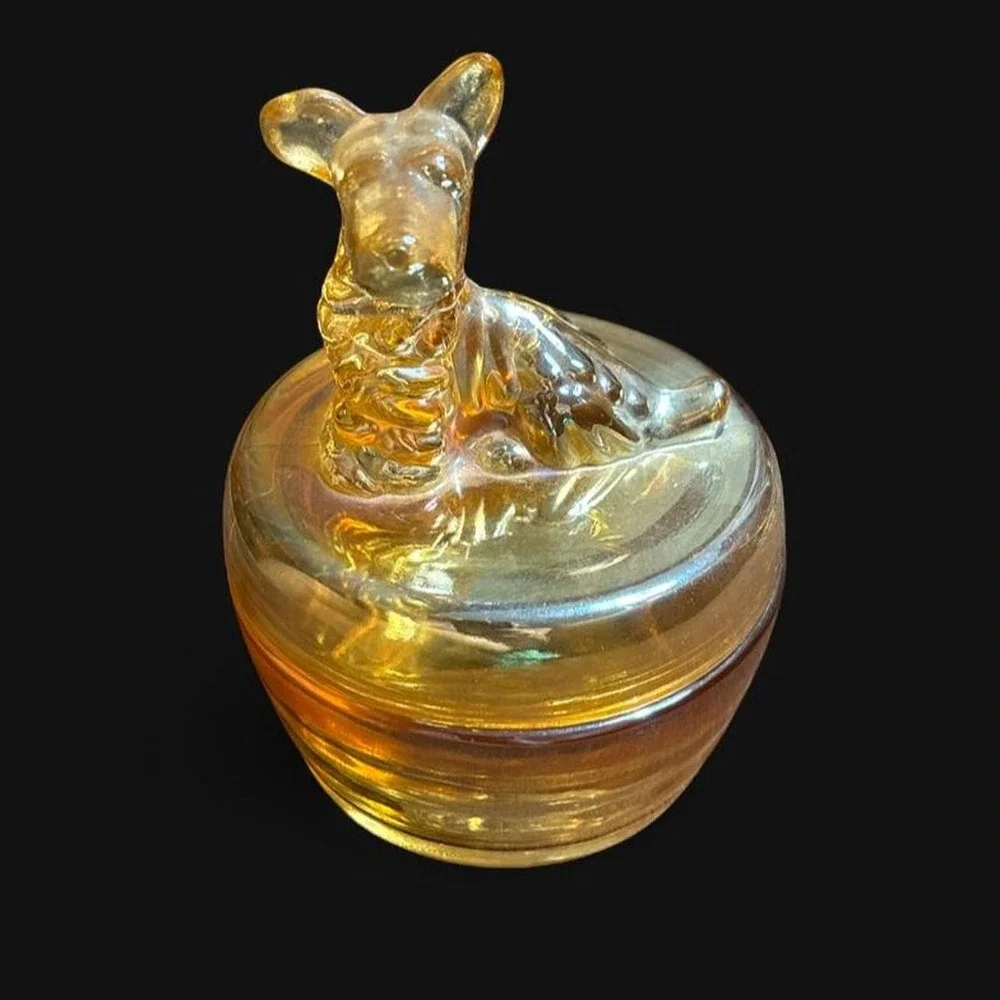 Vintage Jeannette Glass Scottie Dog marigold carnival glass powder trinket jar